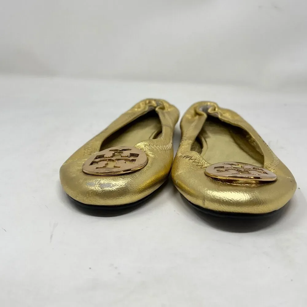 TORY BURCH Reva Gold Leather Flat Ballet Ballerina Shoes with T-Logo Women's 8.5